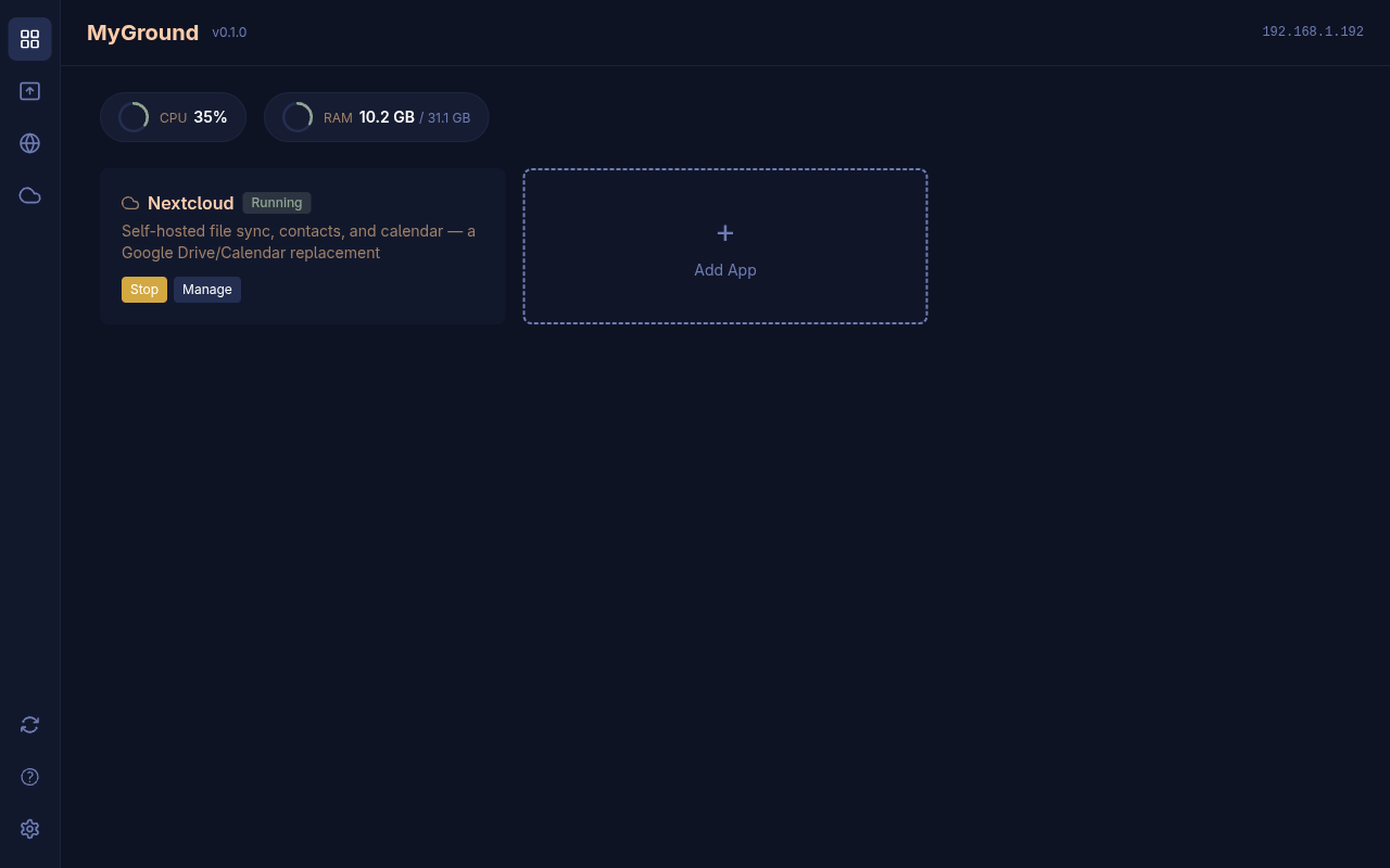 MyGround dashboard showing installed apps with system stats